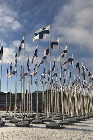 Hundra finska flaggor vajar mot en blå himmel på Salutorget i Helsingfors. 
