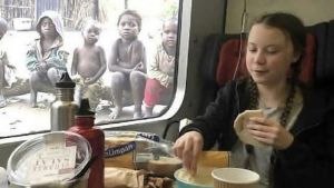 Det här är en bildmanipulation som Brasiliens kontroversiella president Jair Bolsonaros son Eduardo Bolsonaro spred i sociala medier för att smutskasta Greta Thunberg. Bilden har ursprungligen tagits i Danmark när Greta Thunberg äter frukost i sin tågvagn. Den manipulerade bilden där hungriga barn ser ut att sitta utanför tågfönstret delades i sociala medier för att få Thunberg att framstå i dålig dager. I samband med bilden spreds konspirationsteorier om vem som finansierar Thunbergs verksamhet och vad allt hon får medan andra barn svälter. Två bilder på Greta Thunberg bredvid varandra. Hon sitter på ett tåg och äter mat, men på den ena versionen har skogen i fönstret bytts ut mot svältande barn i afrika.