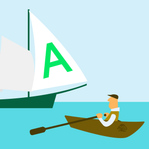 Illustration av två personer som ror varsin roddbåt bort från ett skepp med ett stort A på seglet.