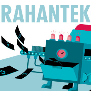 Kuvituskuva rahakoneesta, joka suoltaa ulos seteleitä
