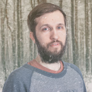 Fotografen Johannes Romppanen. Johannes Romppanen på Vegas vinterpratare kollagebild mot snöig skogsbakgrund.
