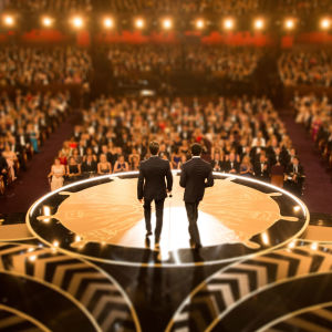 Två män med ryggen mot kameran står på en stor scen och ser ut över en fullsatt sal.