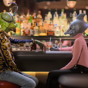 Två personer utklädda i masker är på en första dejt på en bar. Till vänster en man utklädd till en grön insekt och till höger en kvinna utklädd till en fisk..