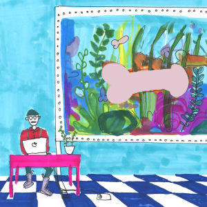 Illustration av man som skriver vid dator och snoppfisk i akvarium i bakgrunden