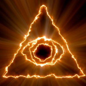Ett brinnande öga i en pyramid mot svart bakgrund.