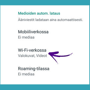 Kuvien automaattinen lataus voi tukkia puhelimesi. Android-puhelimella sitä voi rajoittaa erikseen mobiili- ja wifi-verkossa. Kuvakaappaus WhatsAppista: Kuvien automaattisen latauksen esto Android
