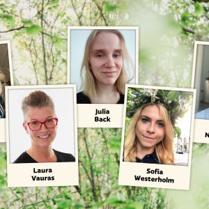 Ett kollage av fem polaroidbilder på årets kandidater för lyssnarnas sommarpratare utspridda över en grönskande bakgrund.