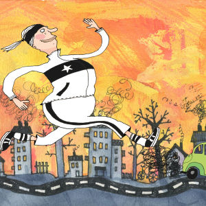 En illustration av Viola Tulipan, en medelålders kvinna som energiskt joggar på gatan. 