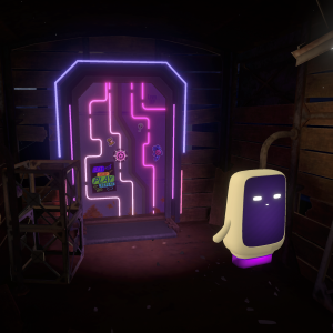 Mysteerijunapelin Topi-robotti ihmettelee arcaden oven edessä. 