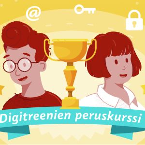 Graafinen kuva: Kaksi hahmoa ja iso pokaali, kuvassa teksti; Digitreenien peruskurssi