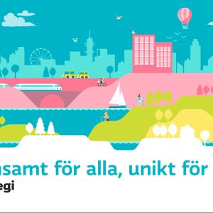 The sharing image for Yle's strategy. An illustrated landscape - below it the text in Swedish:  Gemensamt för alla, unikt för mig. Yles strategi.