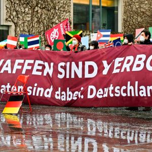 Kärnvapenförbudet ratificerades i över 50 länder men inte i Tyskland. Demonstration mot kärnvapen i Berlin 22.1.2021