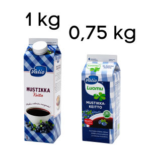 Valion mustikkakeitto on luomuna pienempi kuin ei-luomukeitto. Kaksi mustikkakeittopakkausta.