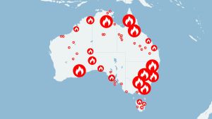 Bränderna är värst på sydöstra kusten, men elden härjar i stora delar av landet. En karta över Australien som visar de platser som det brinner på. Det brinner nästan överallt.