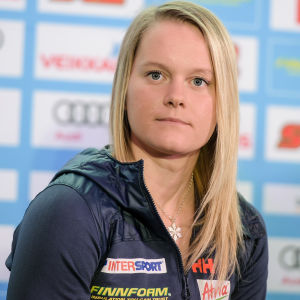 Andrea Julin på VM-presskonferens, Lahtis 2017.