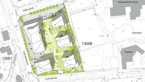 Fem bostadshus med affärslokaler i bottenvåningen har ritats in i planen, som nu kommer på nytt till påseende. köpcentrum i Westend