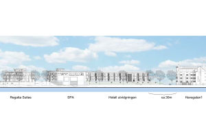 Den nya hotellbyggnaden skulle nå samma höjd som spa. Arkitektritning. Planritning över nytt hotell