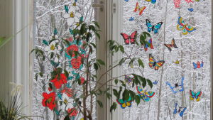 Fönstret är dekorerat med fjärilar och blommor som ungdomarna på Hemboet gjort. Ett fönster, fotat inifrån, med fastklistrade fönsterdekaler (granna fjärilar och blommor) Riktiga blommor vid fönsterbrädet.