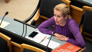 Kaja Kallas. Den estniska oppositionsledaren Kaja Kallas sitter vid sin pulpet i parlamentet i Tallinn.