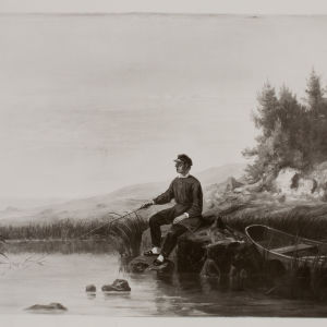 Johan Ludvig Runeberg metar vid strand. Fotografi av signerad oljemålning av Johan Knutson.