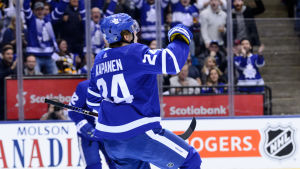 Kasperi Kapanen spelade 38 matcher i NHL:s grundserie. Kasperi Kapanen jublar efter fullträff.