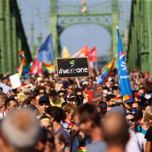 Hundratals personer marscherar i prideparad.