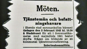 Det är nu 77 år sedan Ekenäs kommunaltjänstemannaförening grundades. Sedermera fick den namnet Raseborgs Jyty. Annons för att grunda en kommunal tjänstemannaförening i Ekenäs 1942.