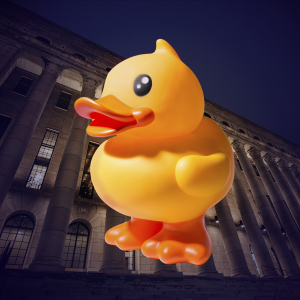 En gul badanka inklippt över en bild av riksdagshuset.