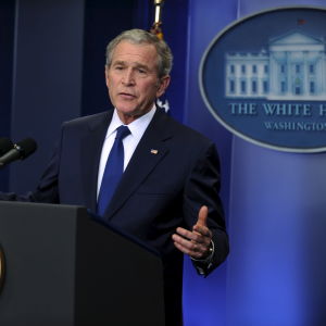 USA:s president George W. Bush under en presskonferens i Vita huset den 12 januari 2009. 