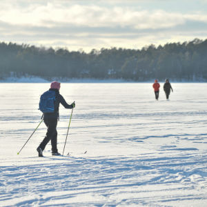 Människor som skidar och går på is med snö på.