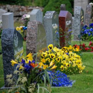 Gravstenar på en begravningsplats med blommor vid gravarna. 