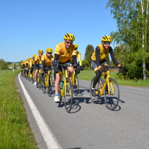 Ett gäng cyklister i gula skjortor och gula hjälmar cyklar på en landsväg i ett grönt Sommarfinland.