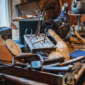 Vanhoja eläinpreparaattorin työkaluja ja puoliksi täytetty eläin.