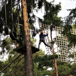 En person klättrar i Flowparks trädbana.