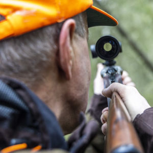 Närbild av en jägare i orangefärgad keps siktar med gevär mot något man inte kan se. Bilden tagen bakom jägaren.