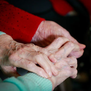 Två par äldre händer håller i varandra.