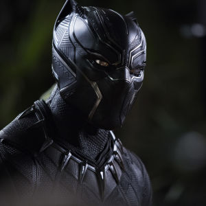 Närbild på Black Panther i sin svarta panterdräkt.