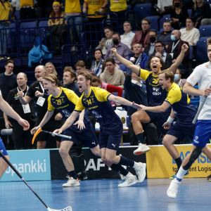 Ruotsin pelaajat ryntäävät kentälle.