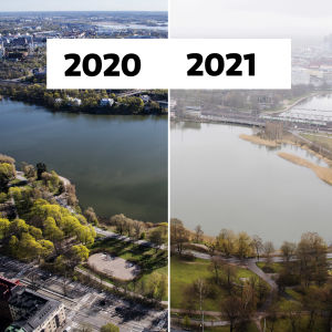 Kuvakombo näyttää Helsingin Töölönlahden toukokuussa 2020 ja 2021.