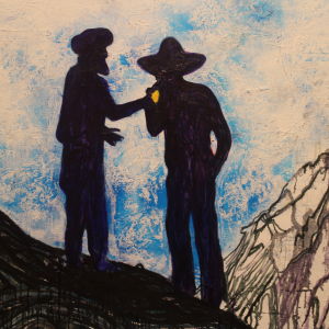I Richters målning ger en taleban eld åt en cowboy.. Detalj av målning av tyska Daniel Richter.