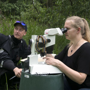 en man och en kvinna. Kvinnan tittar in i ett mikroskop och mannen har våtdräkt.