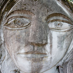 Lähikuva harmaasta patsaasta, jossa kasvot ja suuret silmät, taustalla koivikkoa