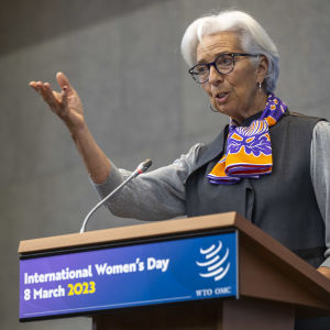 Europeiska centralbankens (ECB) chef Christine Lagarde talar under evenemanget "Internationella kvinnodagen 2023 