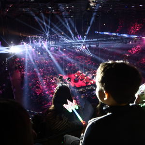 En översiktsbild av en arena fylld av publik. Längst fram i arenan en scen, i förgrunden ett barn.