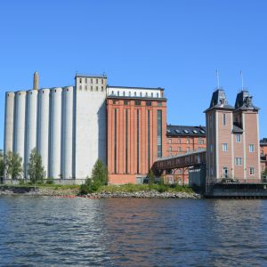 Två stora byggnader vid Vasas strandlinje.
