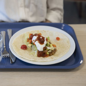 Politiker har blivit mer positivt inställda till vegodagar i skolköken – men vad säger eleverna? En tallrik med en tortilla med vegetarisk sås på. Under den en skolmatsalsbricka av blå plast.