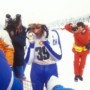Marja-Liisa Kirvesniemi (Hämäläinen) efter 20 kilometersloppet i Sarajevo. 