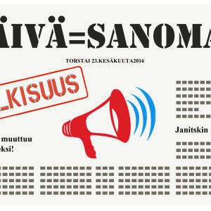 Graafisesti tehty lehti, jossa otsikoita mv-lehteen liittyen.