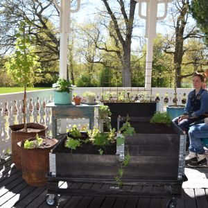 Två kvinnor sitter på en veranda fylld med odlingskärl