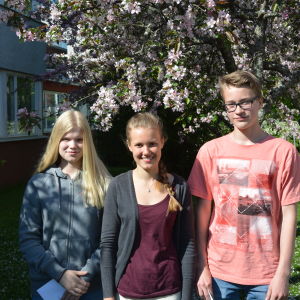 Studeranden Wilma Kraufwelin, Emilia Lind och Felix Lönnqvist utanför Ekenäs högstadium.